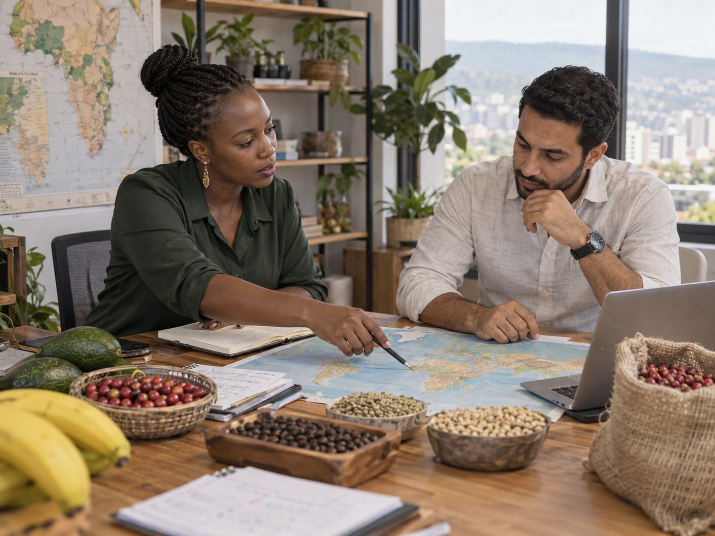 Advisors reviewing agricultural products and trade routes in Kigali
