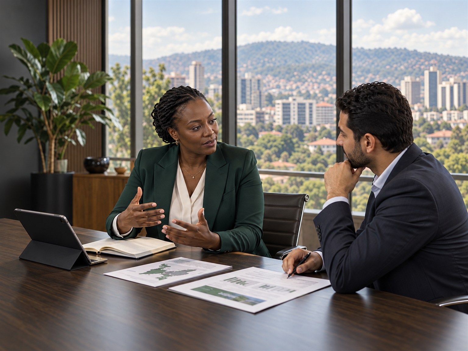 Investment advisor speaking with a client in a Kigali office