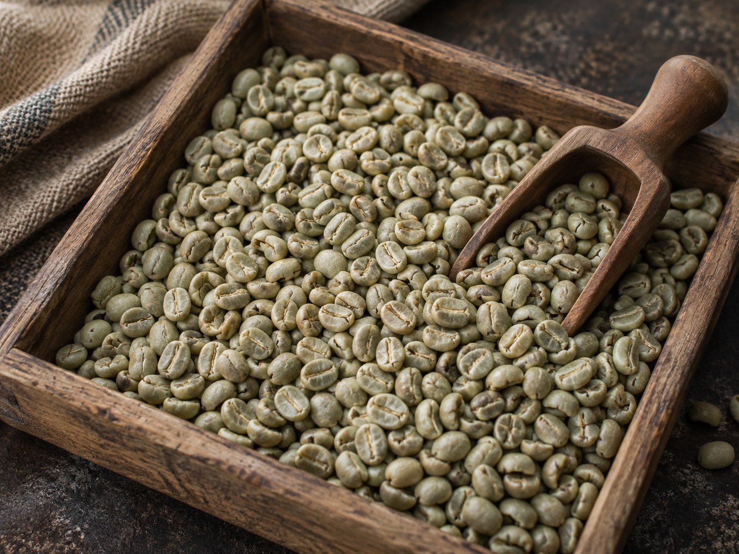 Green coffee beans in a wooden sorting tray