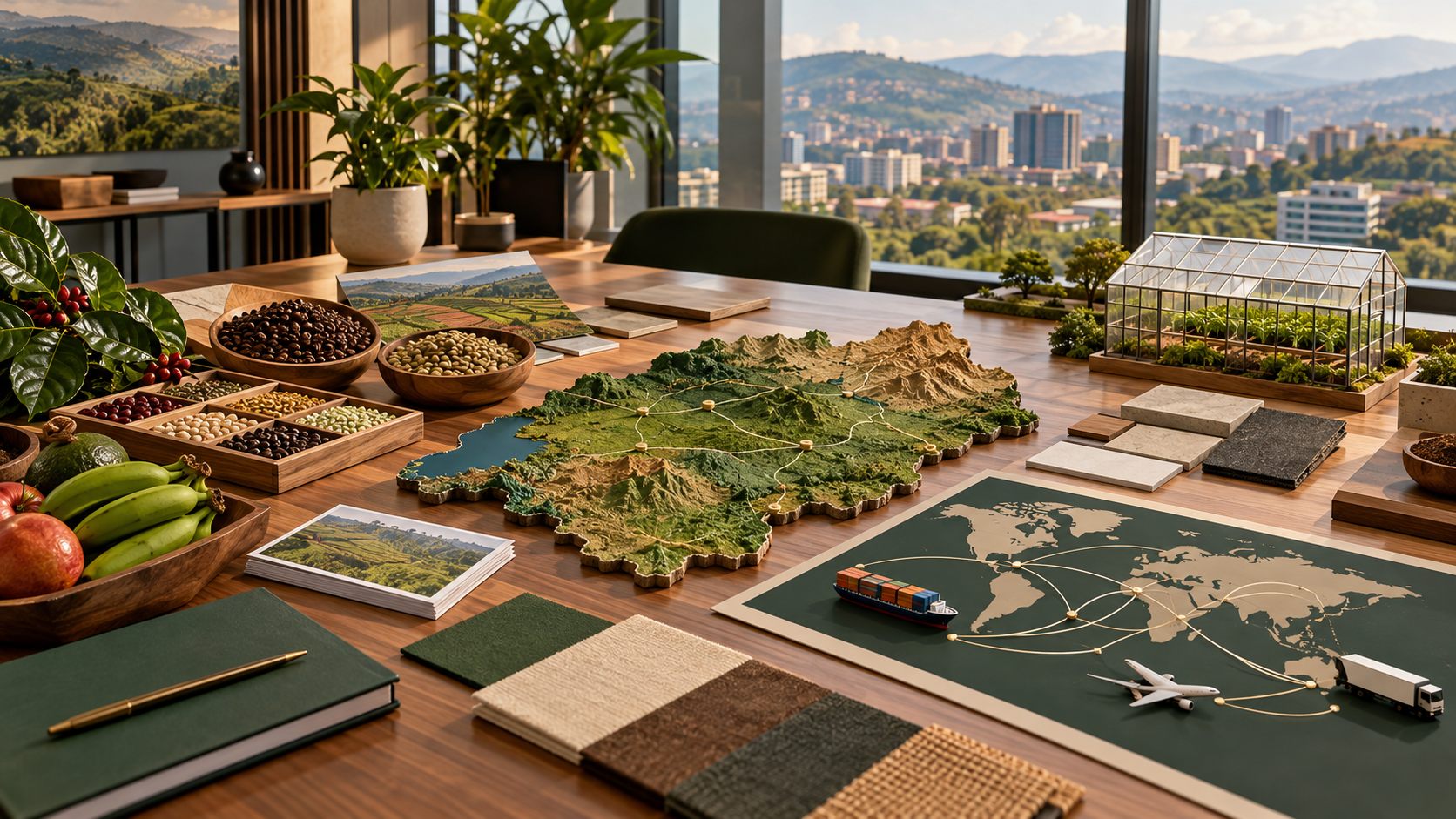 Integrated agriculture and trade planning workspace with a Rwanda relief map
