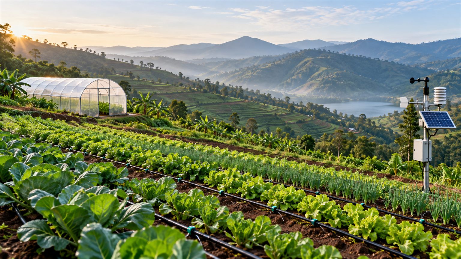 Precision-irrigated highland farm with a greenhouse and weather station
