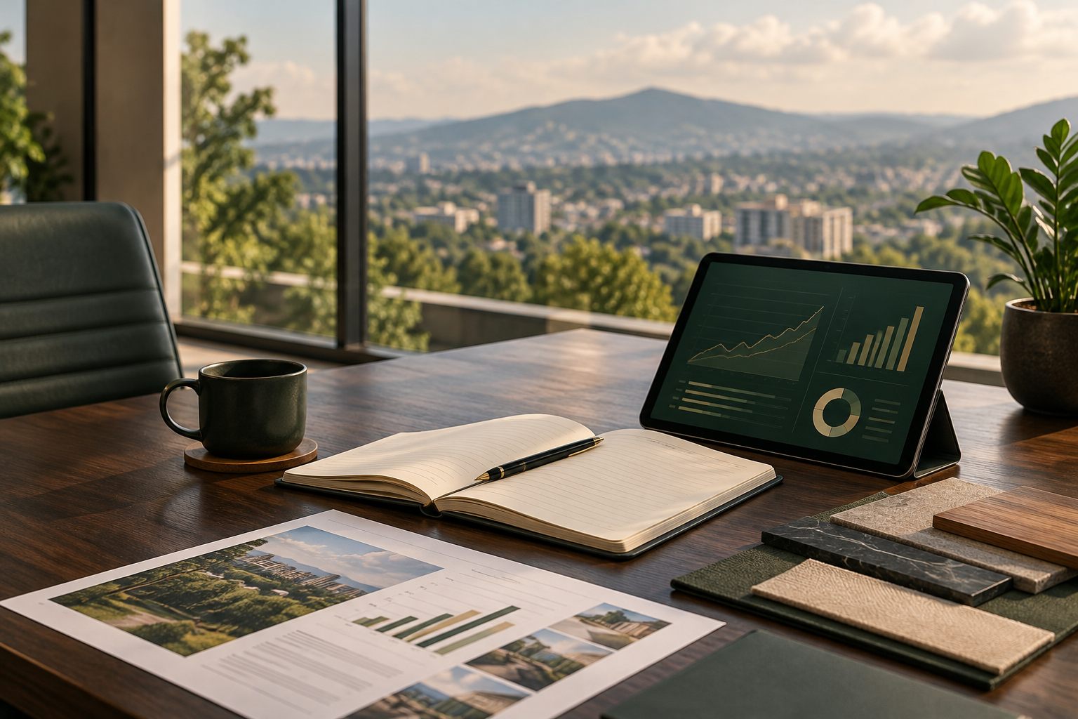 Investment strategy workspace overlooking Kigali