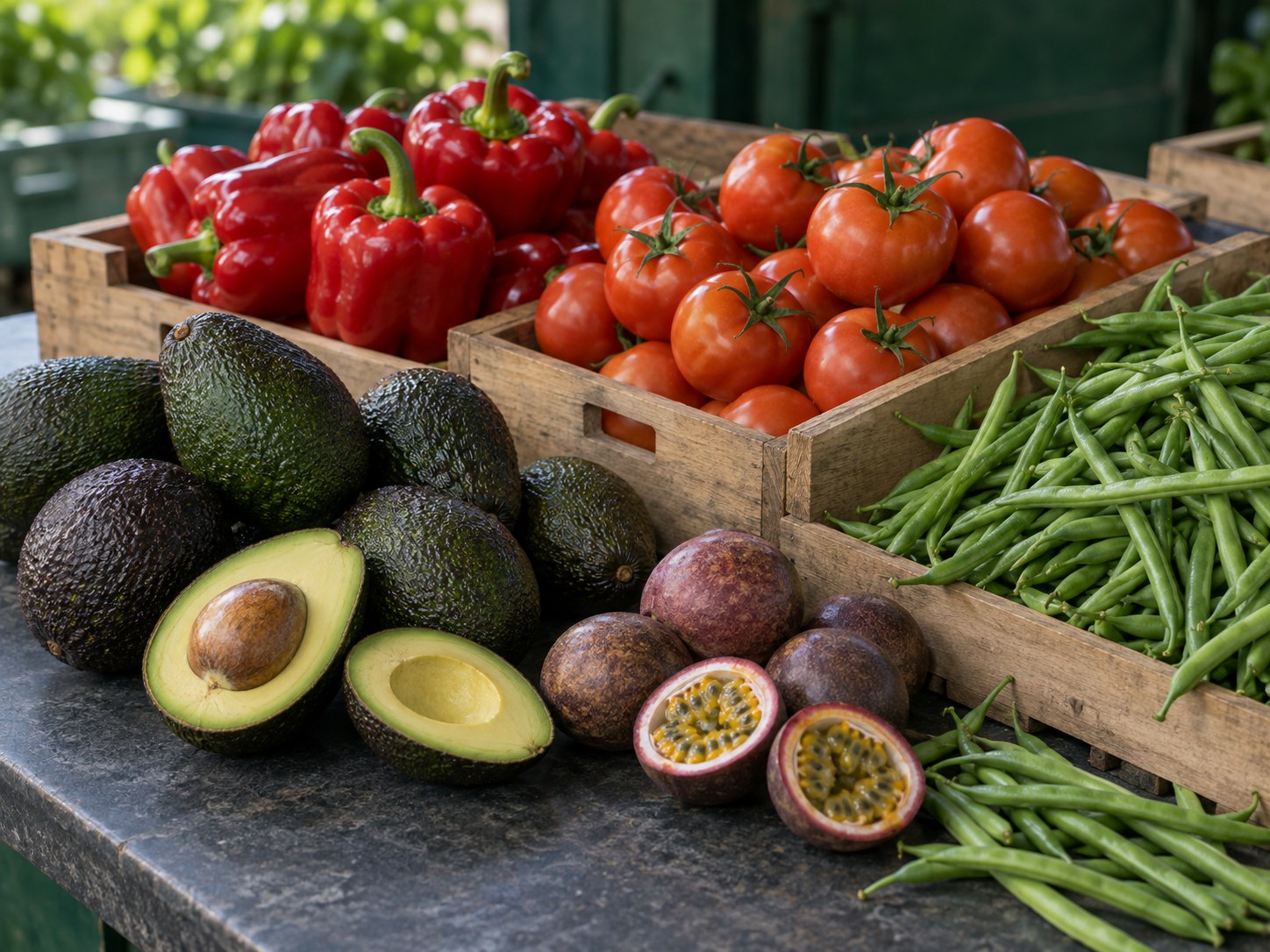 Fresh avocados, peppers, tomatoes, green beans and passion fruit