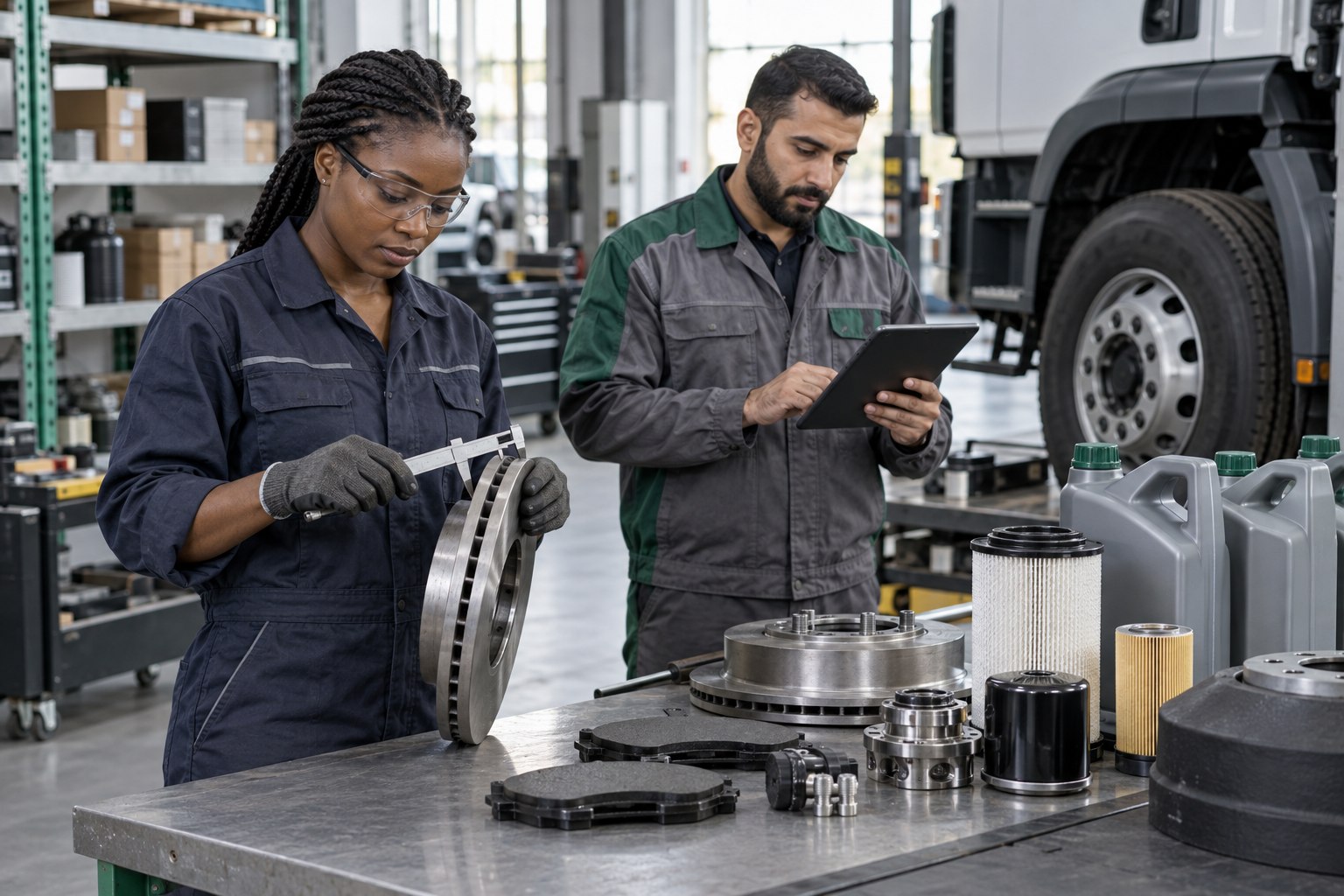 Technician measuring a truck brake component in a workshop