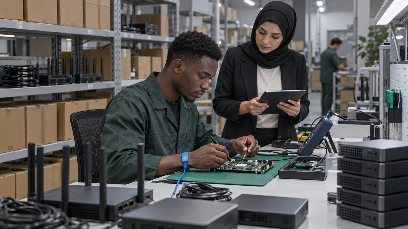 Technician testing electronics at an antistatic workbench