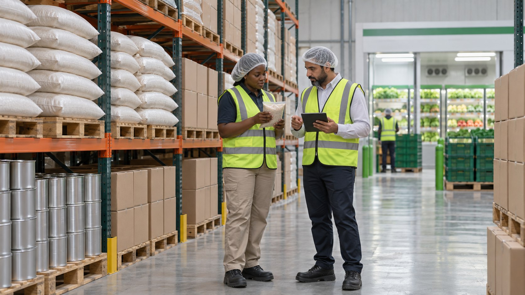 Food sourcing team inspecting goods in a distribution warehouse