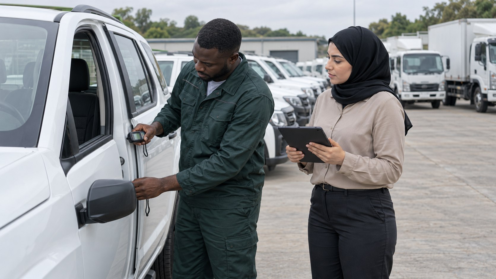 Inspector checking a utility vehicle in a logistics compound