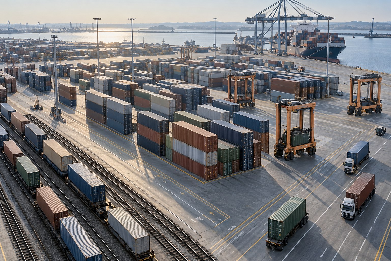Container terminal with rail, truck and maritime freight